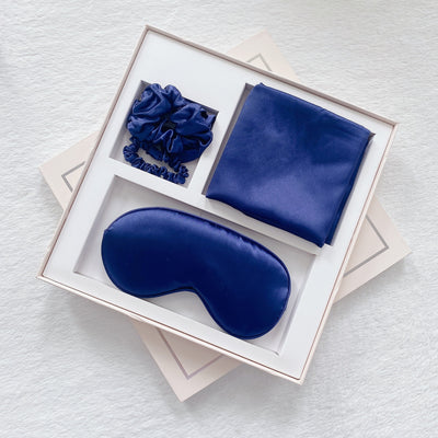 Luxury Satin Sleep Mask Gift Set,4-Piece with Pillowcase and Hair Accessories(Navy blue)